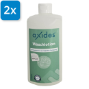 Vorderseite einer 500 ml Flasche Axides Waschlotion. Oben links ist ein blaues Viereck mit der Aufschrift 